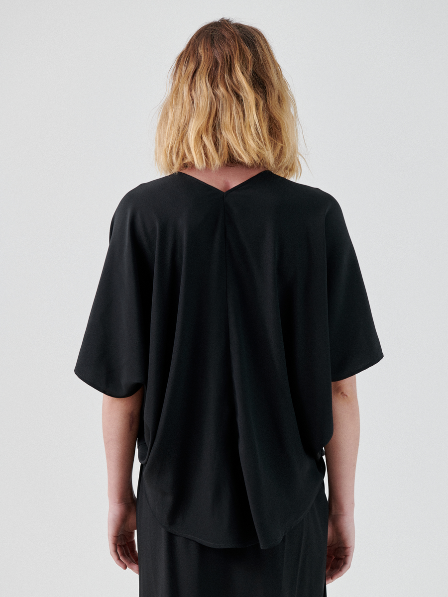 A person with shoulder-length blond hair, wearing a loose-fitting black Circle Top with wide sleeves and a draped circle silhouette by Zero + Maria Cornejo, is standing with their back to the camera against a plain white background.