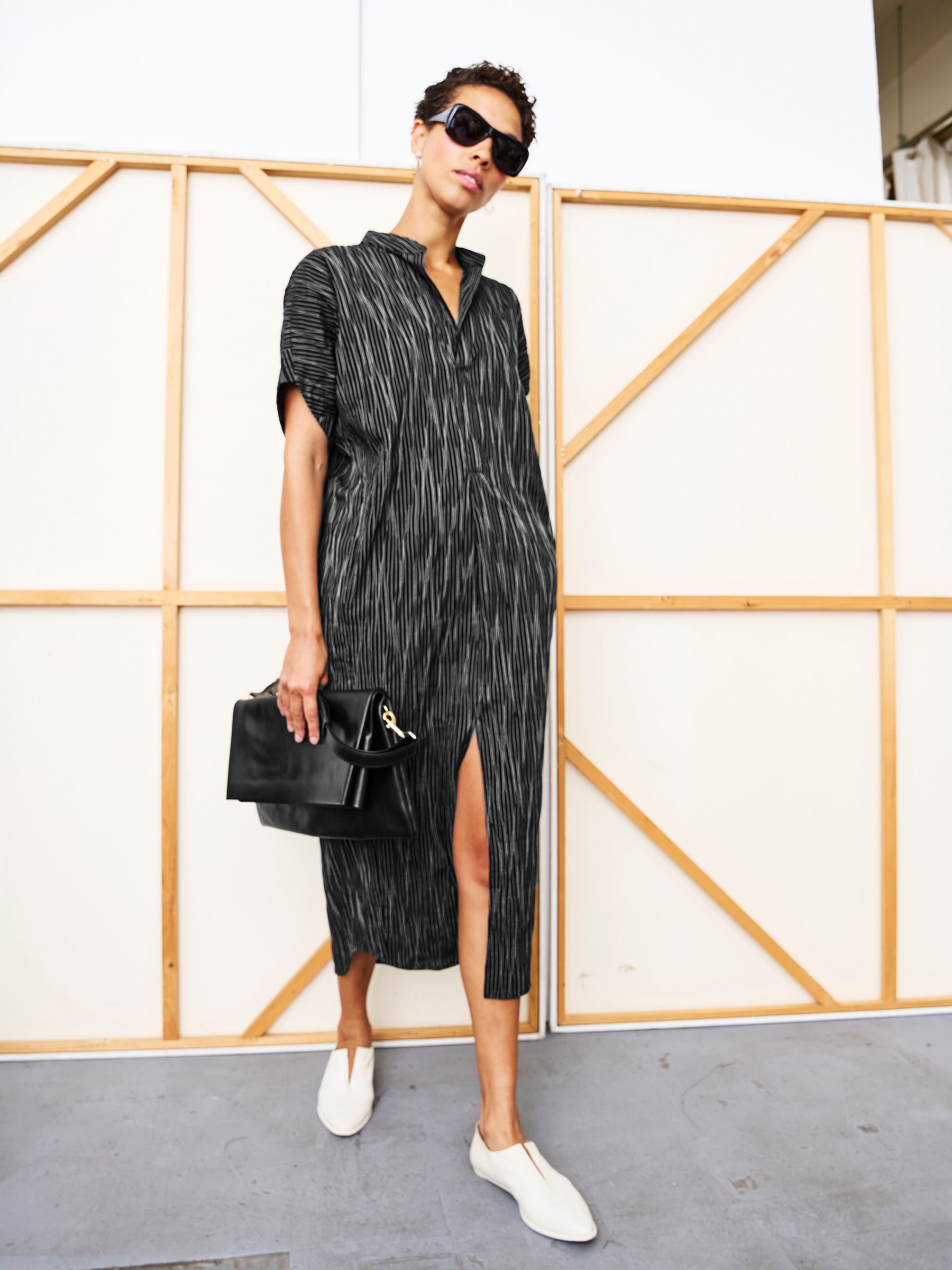 Long Aissa Shirt Dress in Striped Tucked Shirting | Zero + Maria