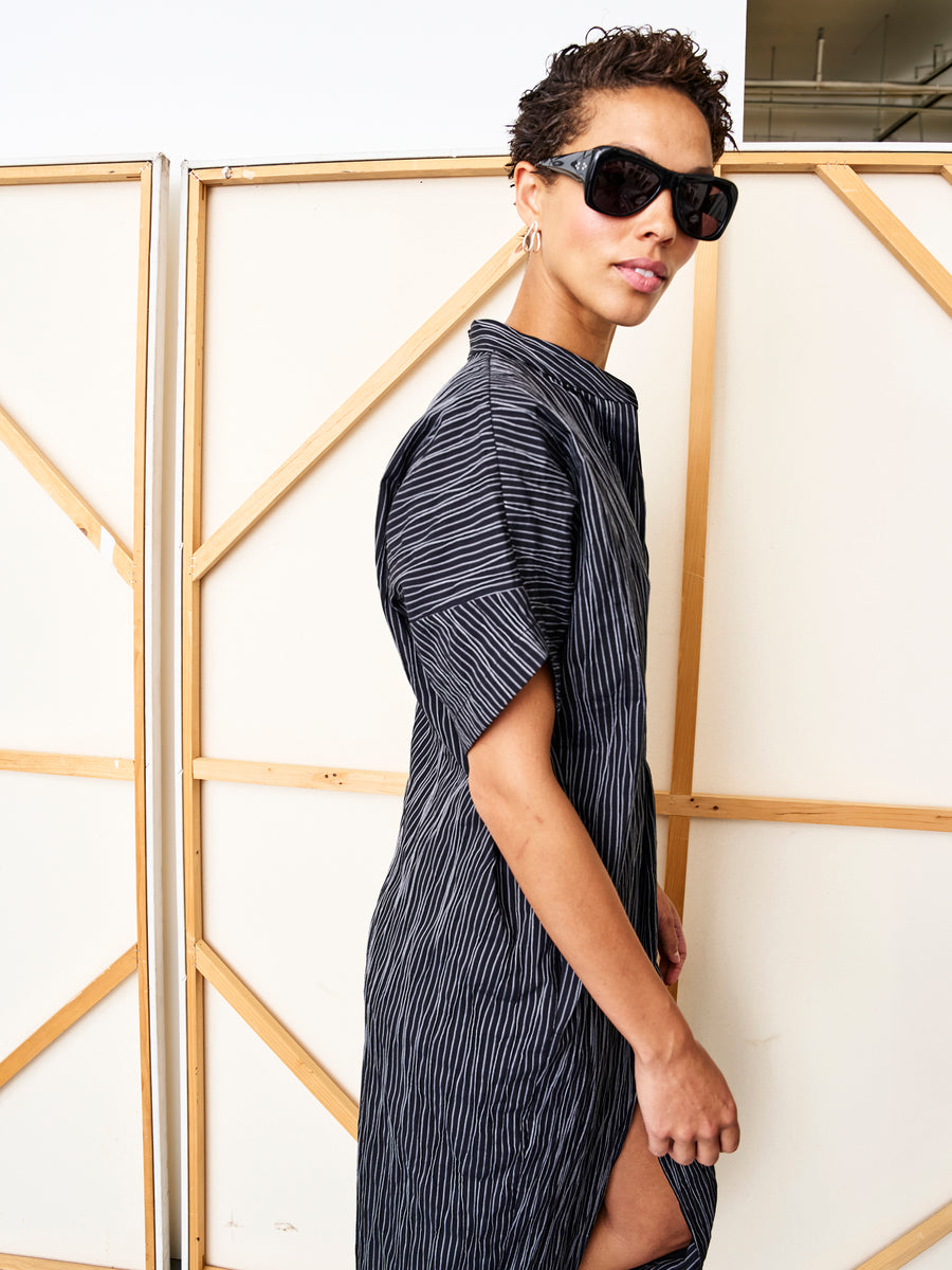 Long Aissa Shirt Dress in Striped Tucked Shirting | Zero + Maria