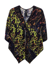 The Kio Top by Zero + Maria Cornejo is a vibrant, loose-fitting kimono-inspired v-neck top, expertly crafted from luxurious stretch silk charmeuse. Showcasing a limited-edition archival print that fuses mixed animal and abstract motifs in green, yellow, orange, and blue on a dark background, this piece features an open front with no buttons and a distinctive pointed hem.