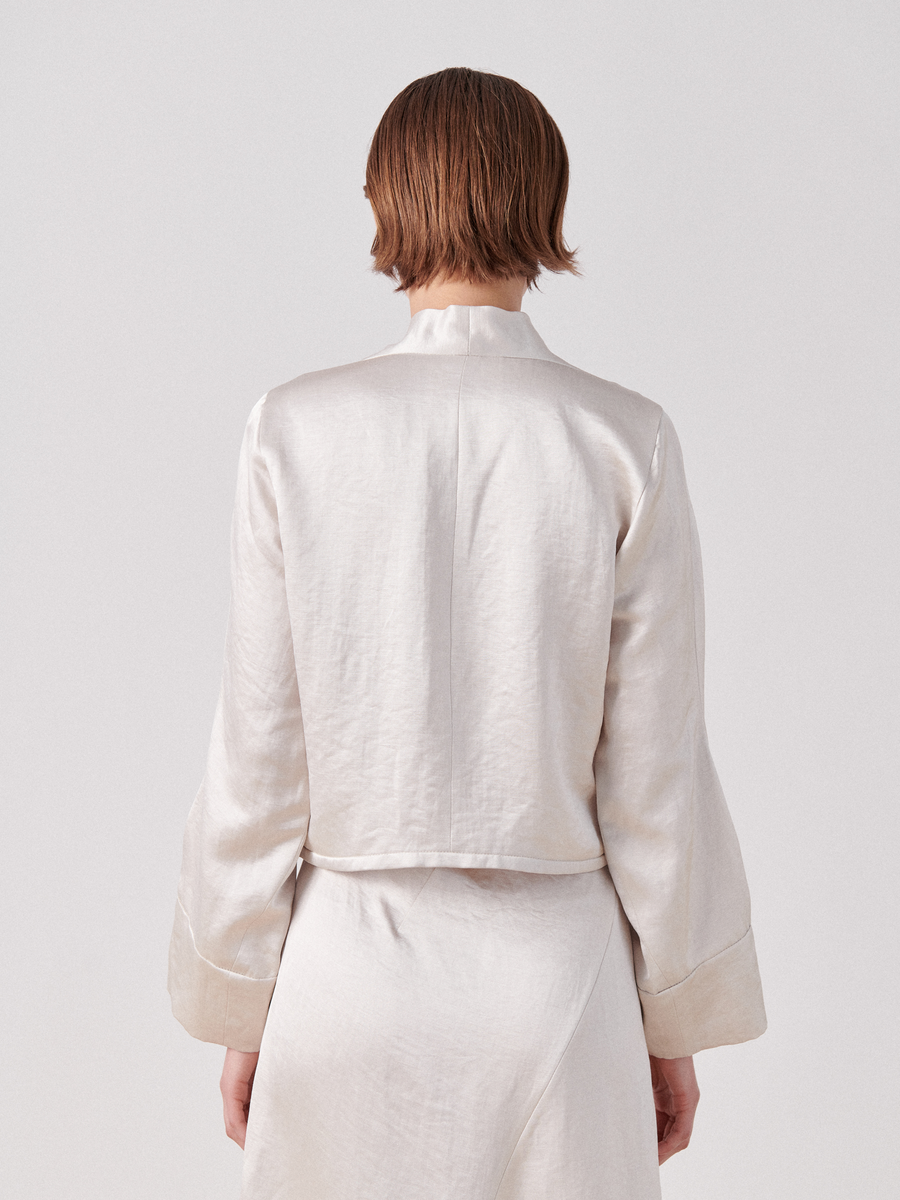 A person with short brown hair is shown from the back, wearing a light beige or cream-colored linen blend Simple Sacha Top by Zero + Maria Cornejo and a matching skirt. The top has a v-neckline and full long sleeves, adding an elegant touch. The fabric has a subtle sheen, set against a plain white background.