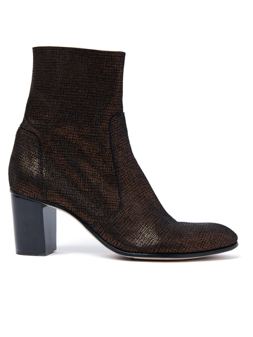 The Flo Boot by Zero + Maria Cornejo is a textured ankle boot, crafted in Italy with shimmering metallic dark brown and black leather. It features a square heel, pointed toe, and sleek modern design against a plain white background. (Final Sale Item).