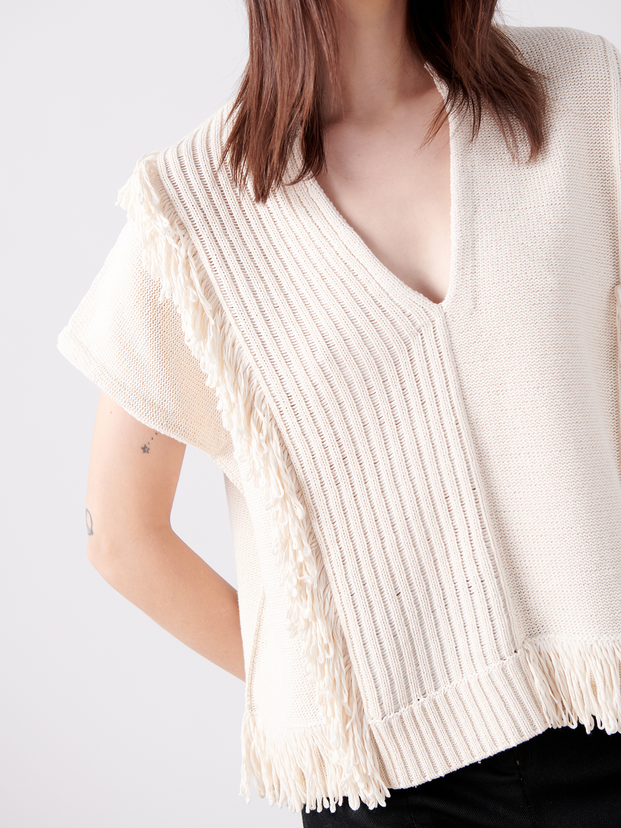 A person wearing the Patchwork Fringe Poncho by Zero + Maria Cornejo evokes sustainable fashion charm. Styled with black pants on a light gray backdrop, this cream-colored, V-neck knit top with fringe and textured pattern in organic cotton offers comfort and elegance.